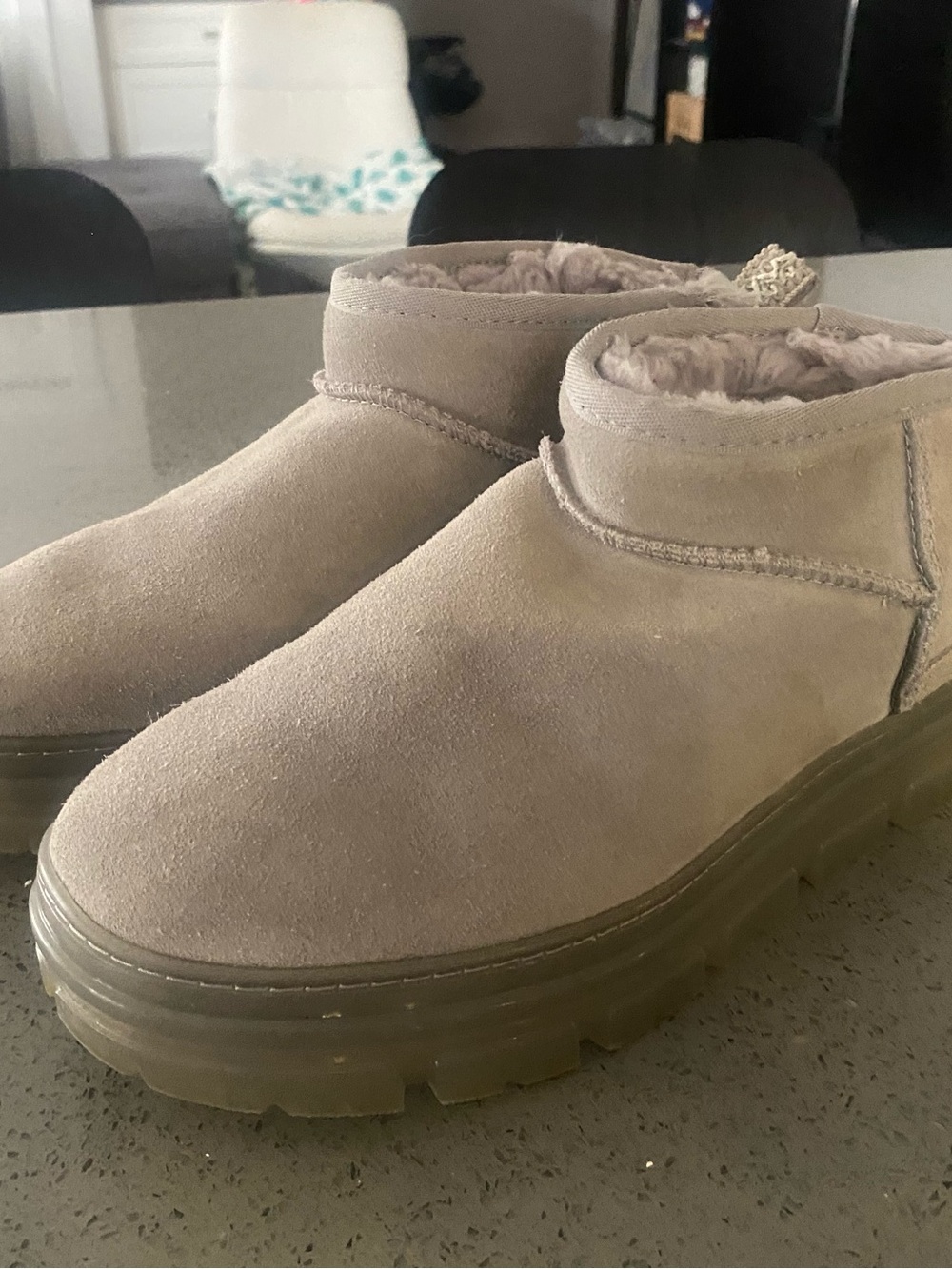 UGG Women's Short Suede Shearling Slip-On in Light Taupe